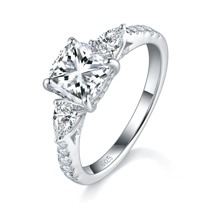 三石款公主方Women's RingS925银镀白金定制选款主石Moissanite2.0ct/副石高碳钻