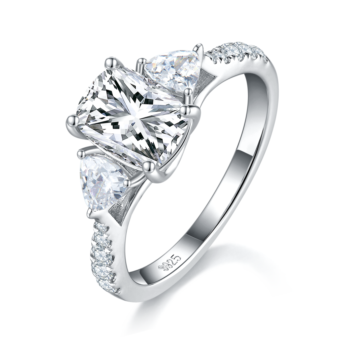 三石款雷迪恩女戒S925银镀白金定制选款主石莫桑钻2.0ct/副石高碳钻