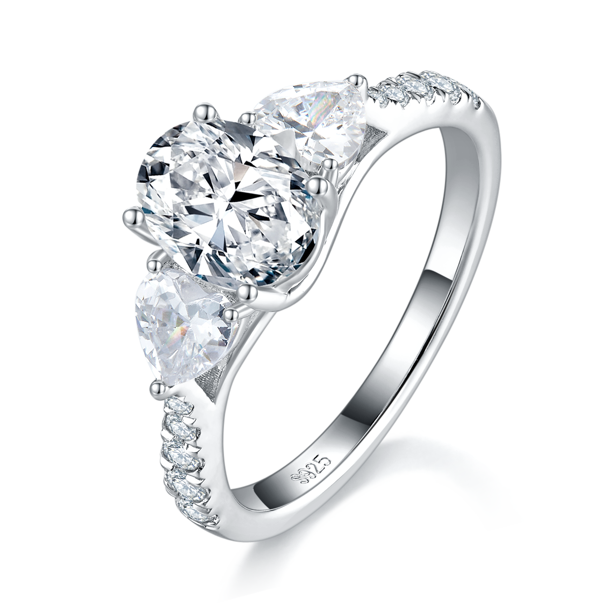 Three Stone Egg shaped Women's Ring S925 Silver Plated Platinum Customized Selection Main Stone Moissanite Diamond 1.5ct/Secondary Stone High Carbon Diamond