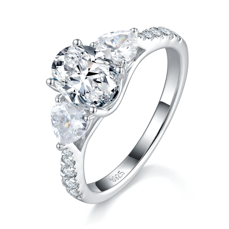 三石款蛋形Women's RingS925银镀白金定制选款主石Moissanite1.5ct/副石高碳钻