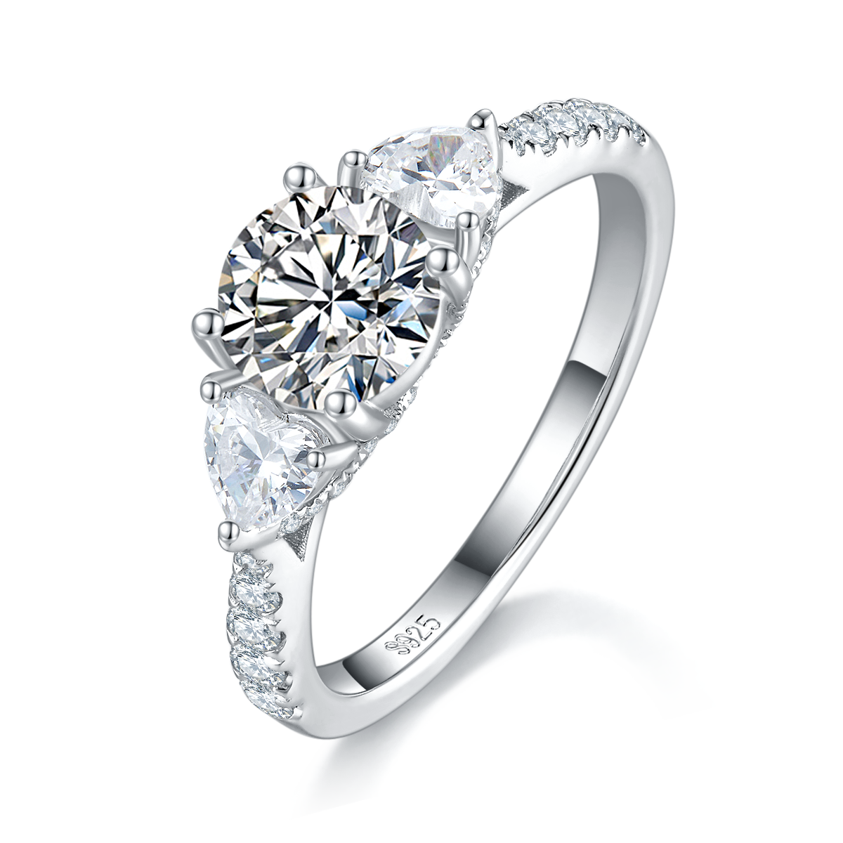三石款圆形四爪女戒S925银镀白金定制选款主石莫桑钻1.0ct/副石高碳钻
