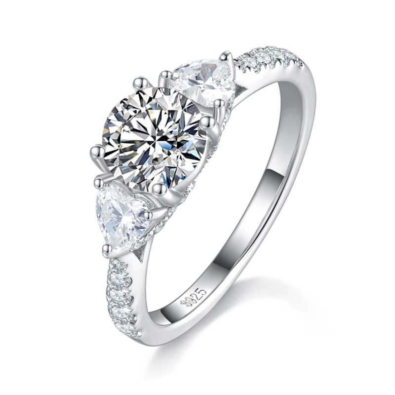 三石款圆形四爪Women's RingS925银镀白金定制选款主石Moissanite1.0ct/副石高碳钻