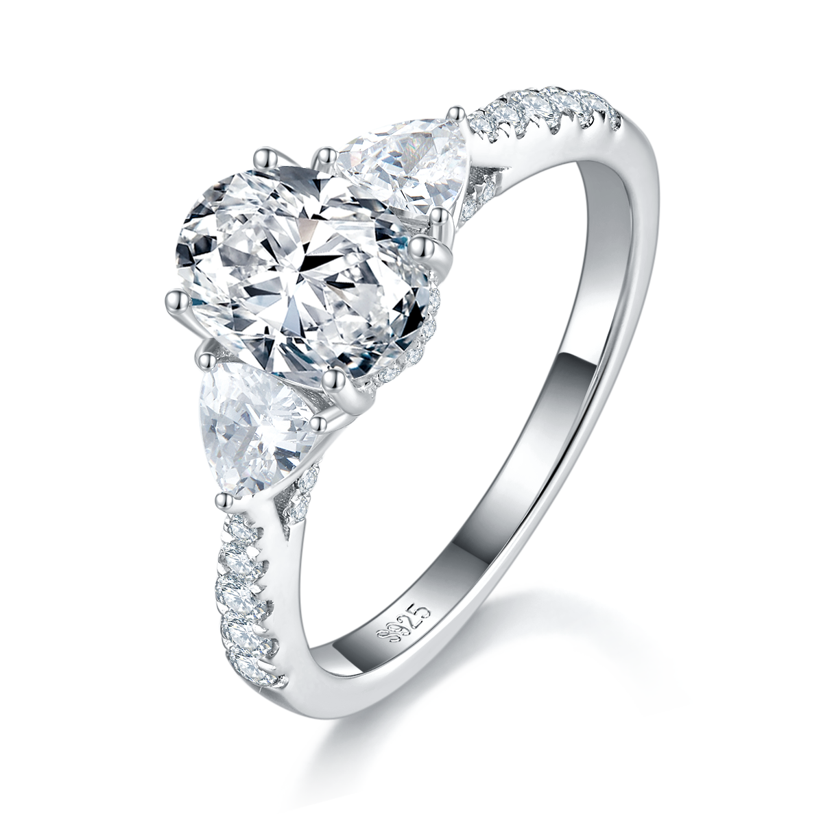 Three Stone Egg shaped Women's Ring S925 Silver Plated Platinum Customized Selection Main Stone Moissanite Diamond 1.5ct/Secondary Stone High Carbon Diamond
