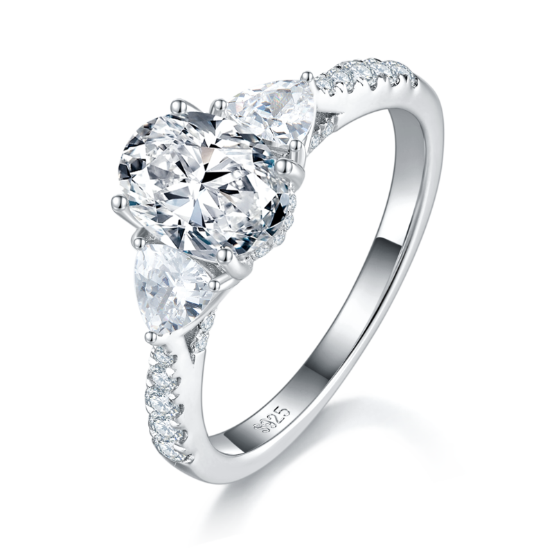 三石款蛋形Women's RingS925银镀白金定制选款主石Moissanite1.5ct/副石高碳钻