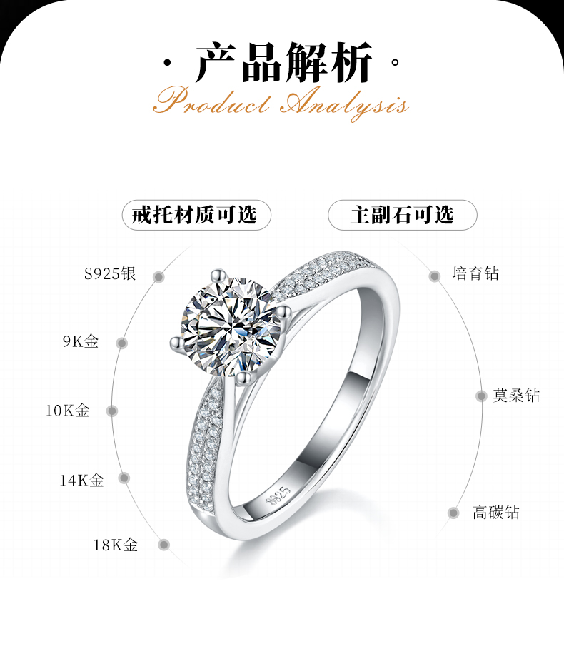单头女戒S925银镀白金定制选款主石莫桑钻1.0ct/副石高碳钻 - 2