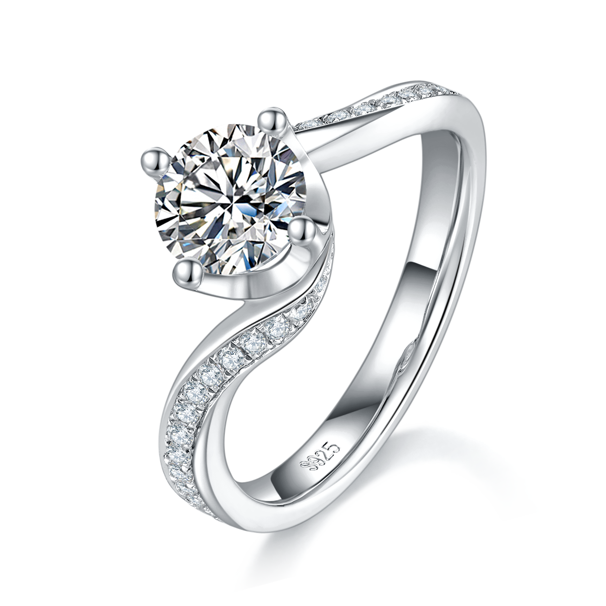 扭臂四爪女戒S925银镀白金定制选款主石莫桑钻1.0ct/副石高碳钻