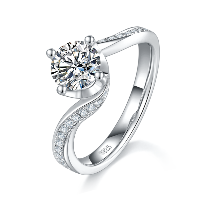 扭臂四爪Women's RingS925银镀白金定制选款主石Moissanite1.0ct/副石高碳钻