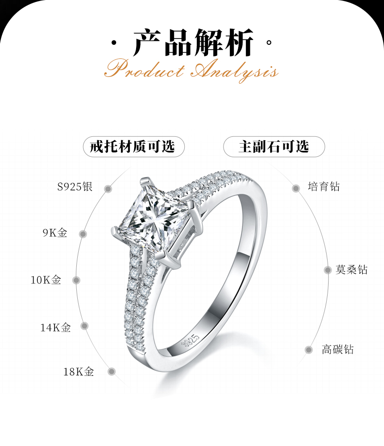 公主方女戒S925银镀白金定制选款主石莫桑钻0.8ct/副石高碳钻 - 2