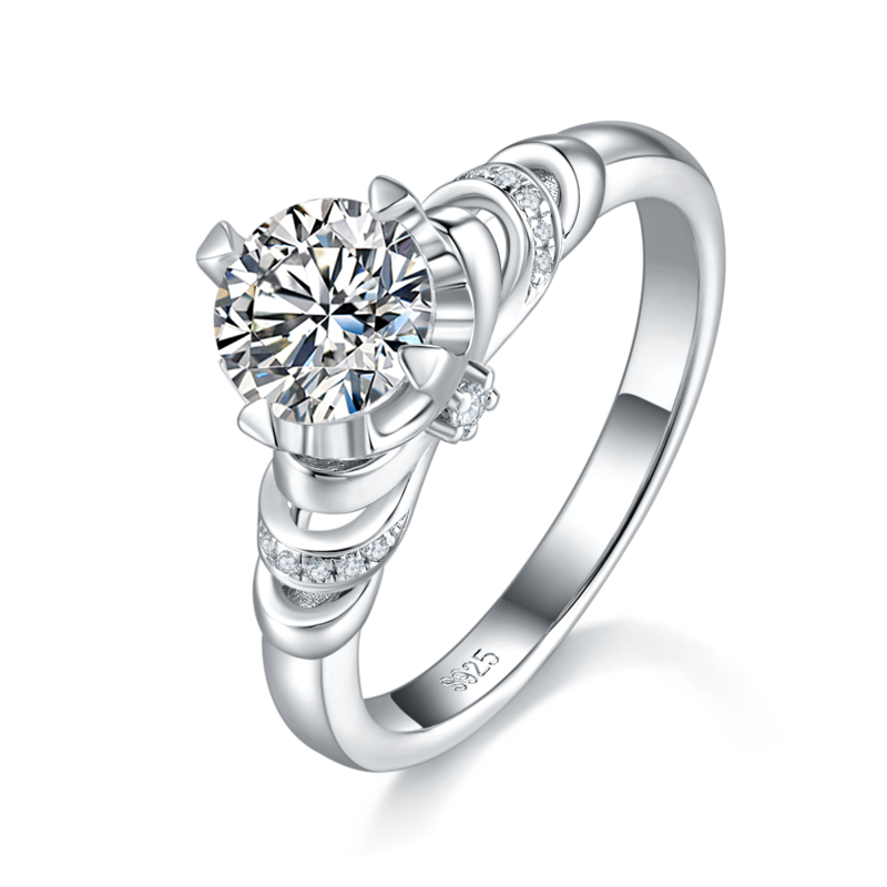 单头Women's RingS925银镀白金定制选款主石Moissanite1.0ct/副石高碳钻