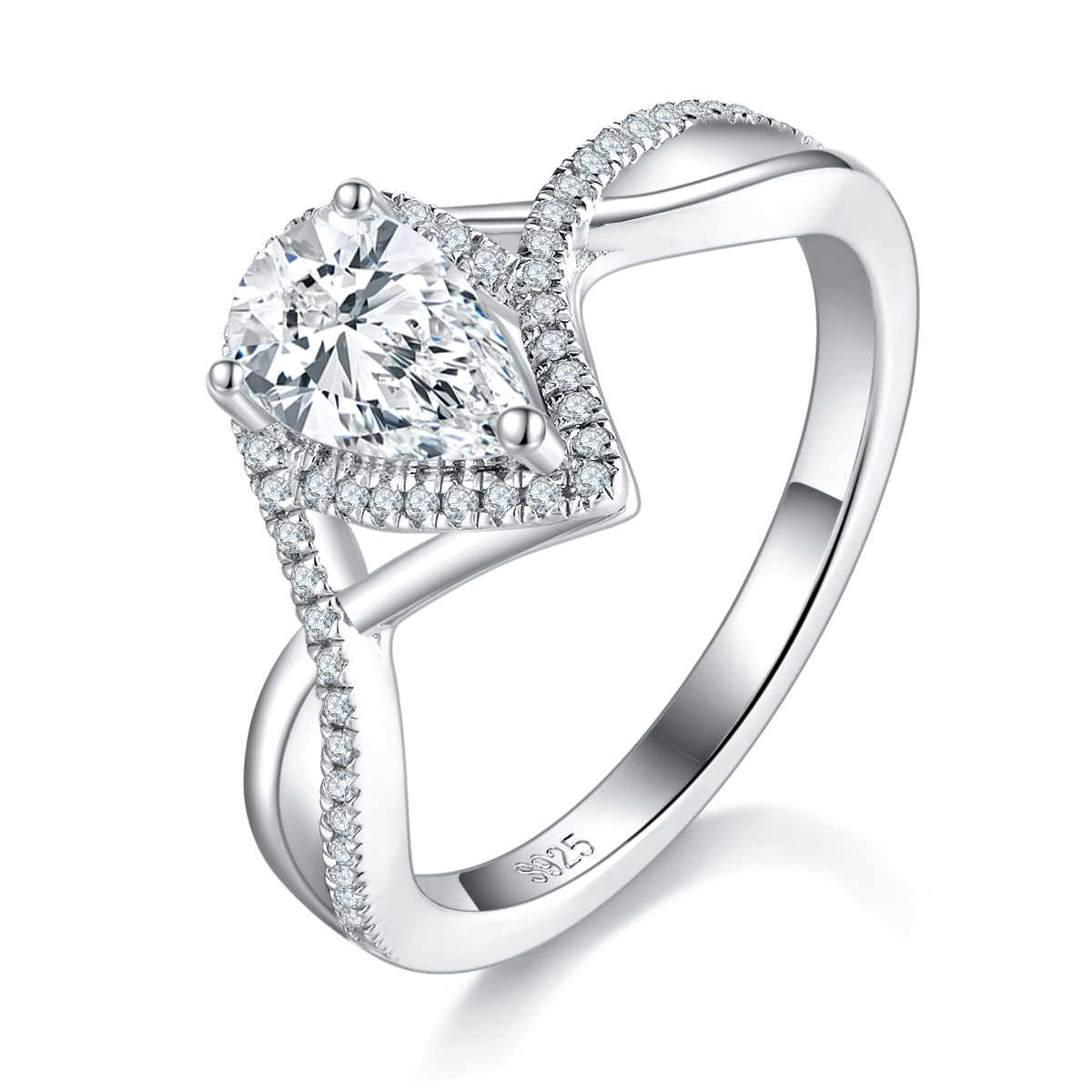 水滴女戒S925银镀白金定制选款主石莫桑钻1.0ct/副石高碳钻