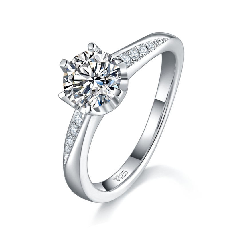 单头女戒S925银镀白金定制选款主石莫桑钻1.0ct/副石高碳钻