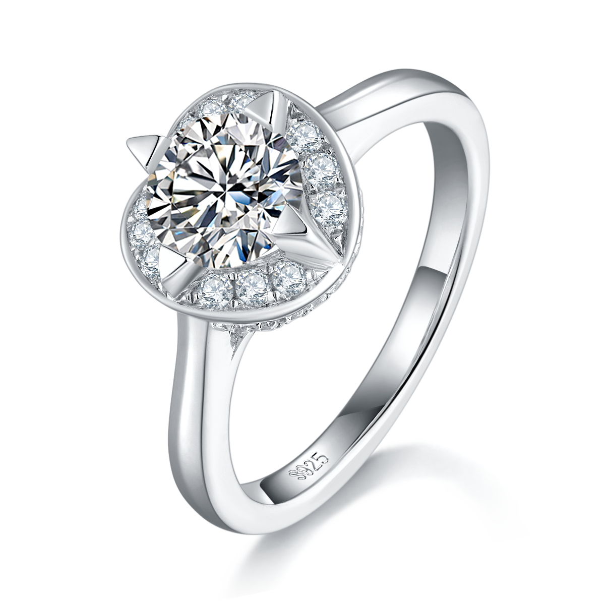 单头女戒S925银镀白金女戒定制选款主石莫桑钻1.0ct/副石高碳钻