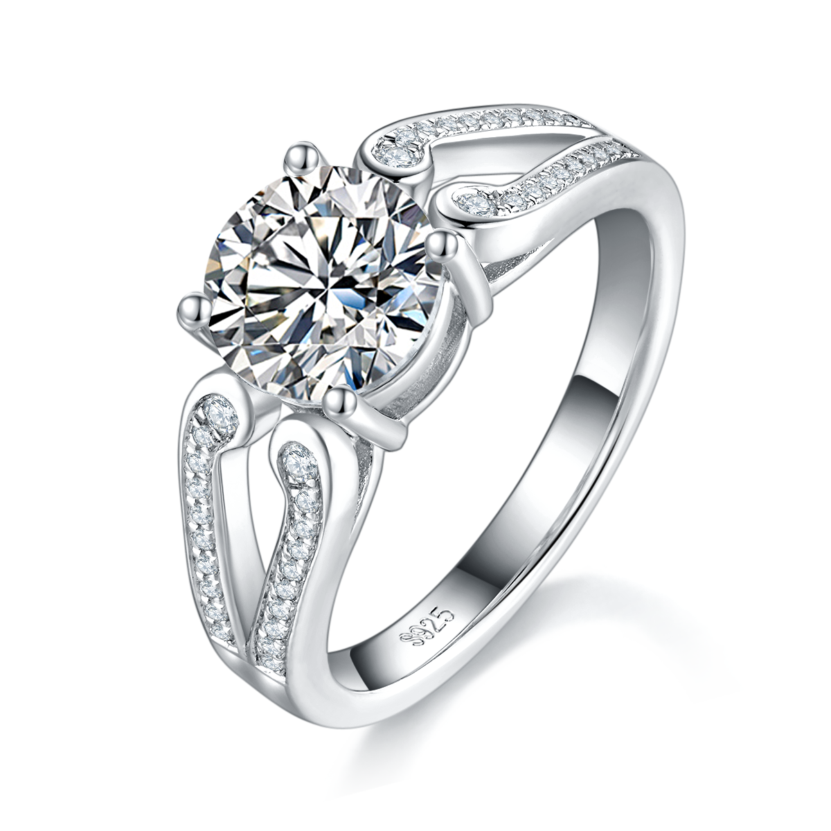 Light Luxury Four Claw Women's Ring S925 Silver Plated Platinum Customized Selection Main Stone Moissanite 1.5ct/Sub Stone Cubic Zirconia