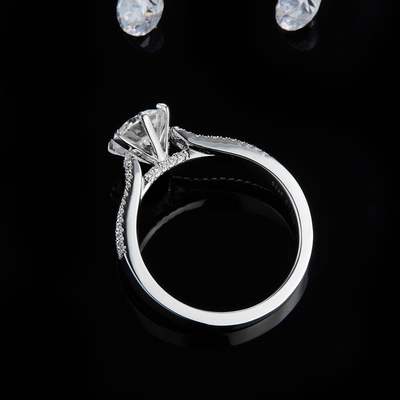 直臂微镶六爪Women's RingS925银镀白金定制选款主石Moissanite1.0ct/副石高碳钻