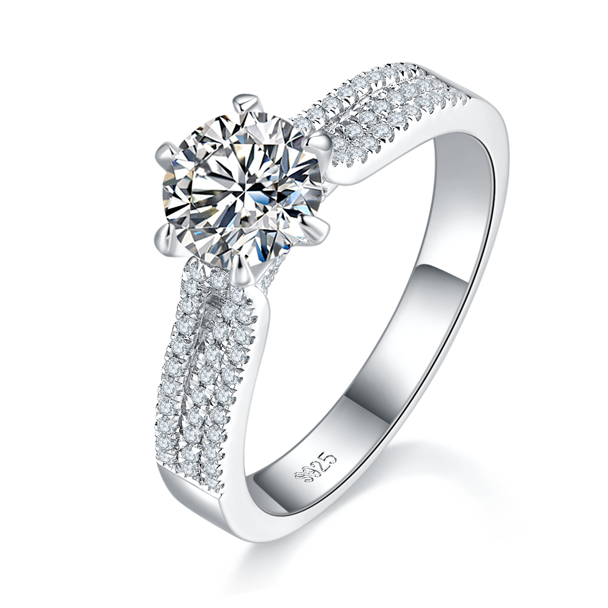 直臂微镶六爪女戒S925银镀白金定制选款主石莫桑钻1.0ct/副石高碳钻
