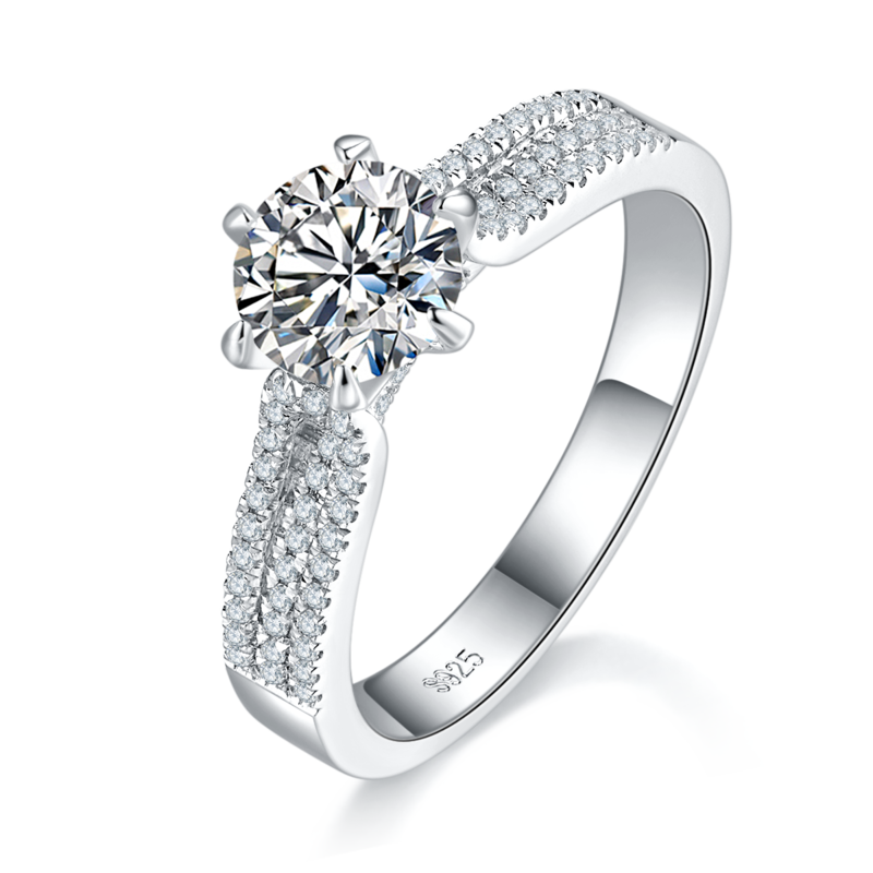 直臂微镶六爪Women's RingS925银镀白金定制选款主石Moissanite1.0ct/副石高碳钻