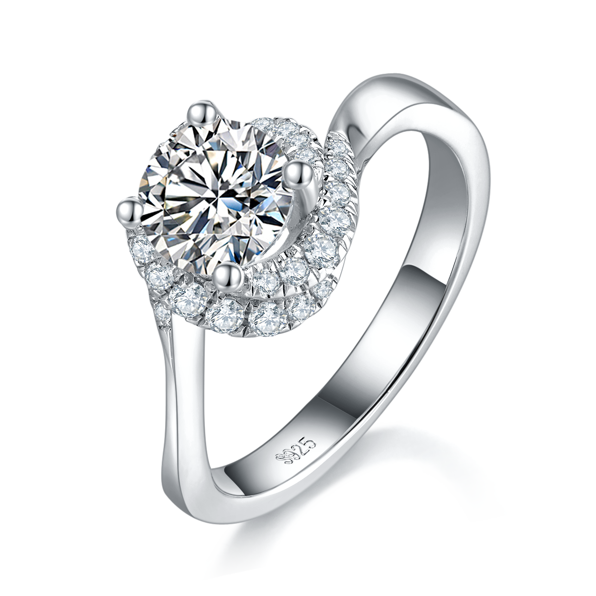 Twisted arm round bag women's ring S925 silver plated platinum custom selection main stone Moissanite 1.0ct/secondary stone Cubic Zirconia