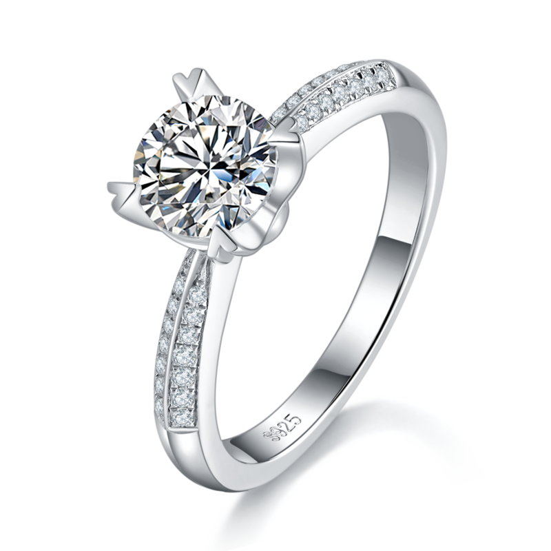 单头Women's RingS925银镀白金定制选款主石Moissanite1.0ct/副石高碳钻