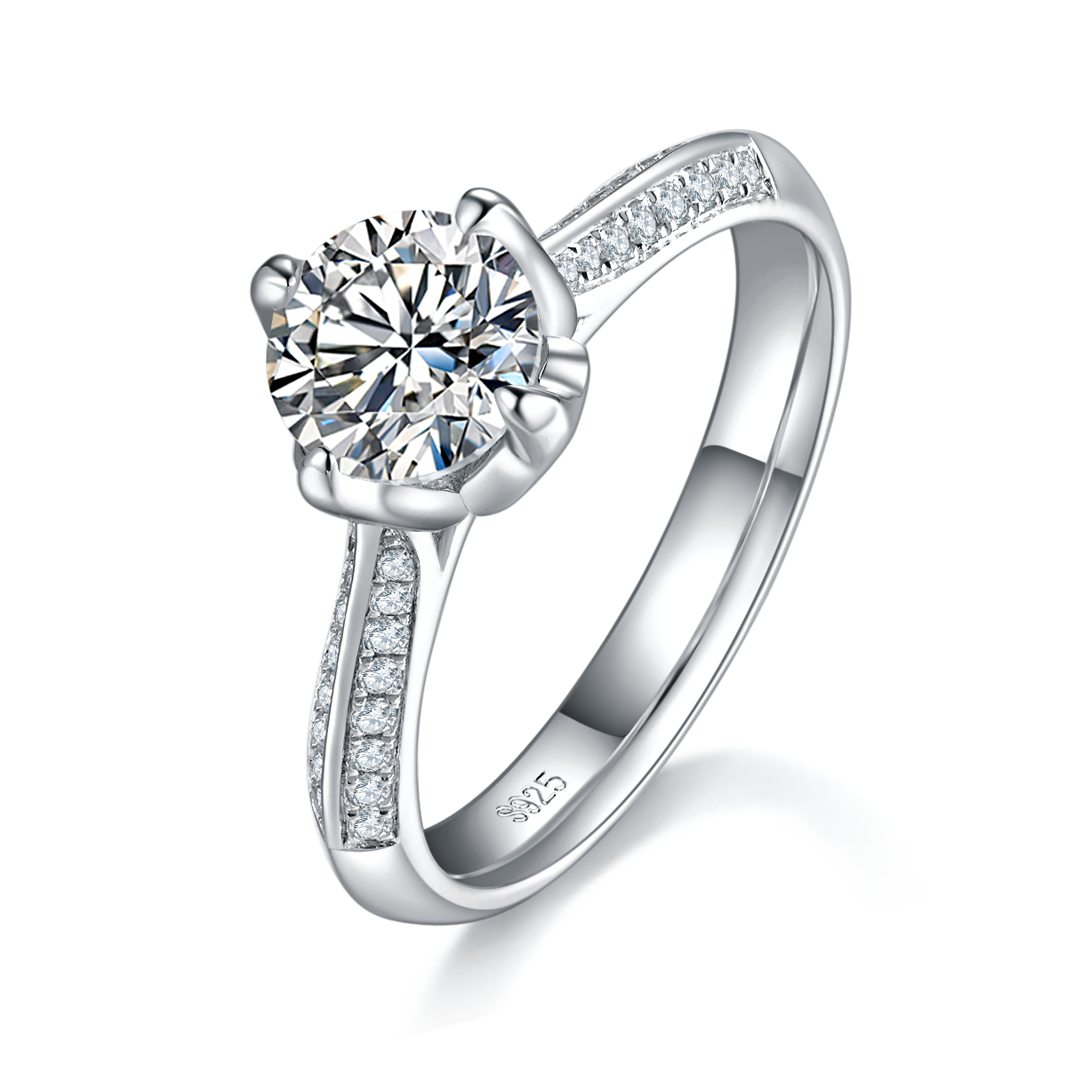 单头女戒S925银镀白金定制选款主石莫桑钻1.0ct/副石高碳钻
