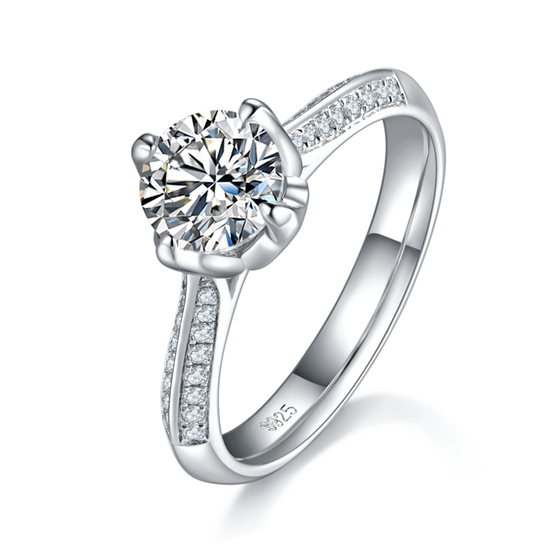 单头女戒S925银镀白金定制选款主石莫桑钻1.0ct/副石高碳钻