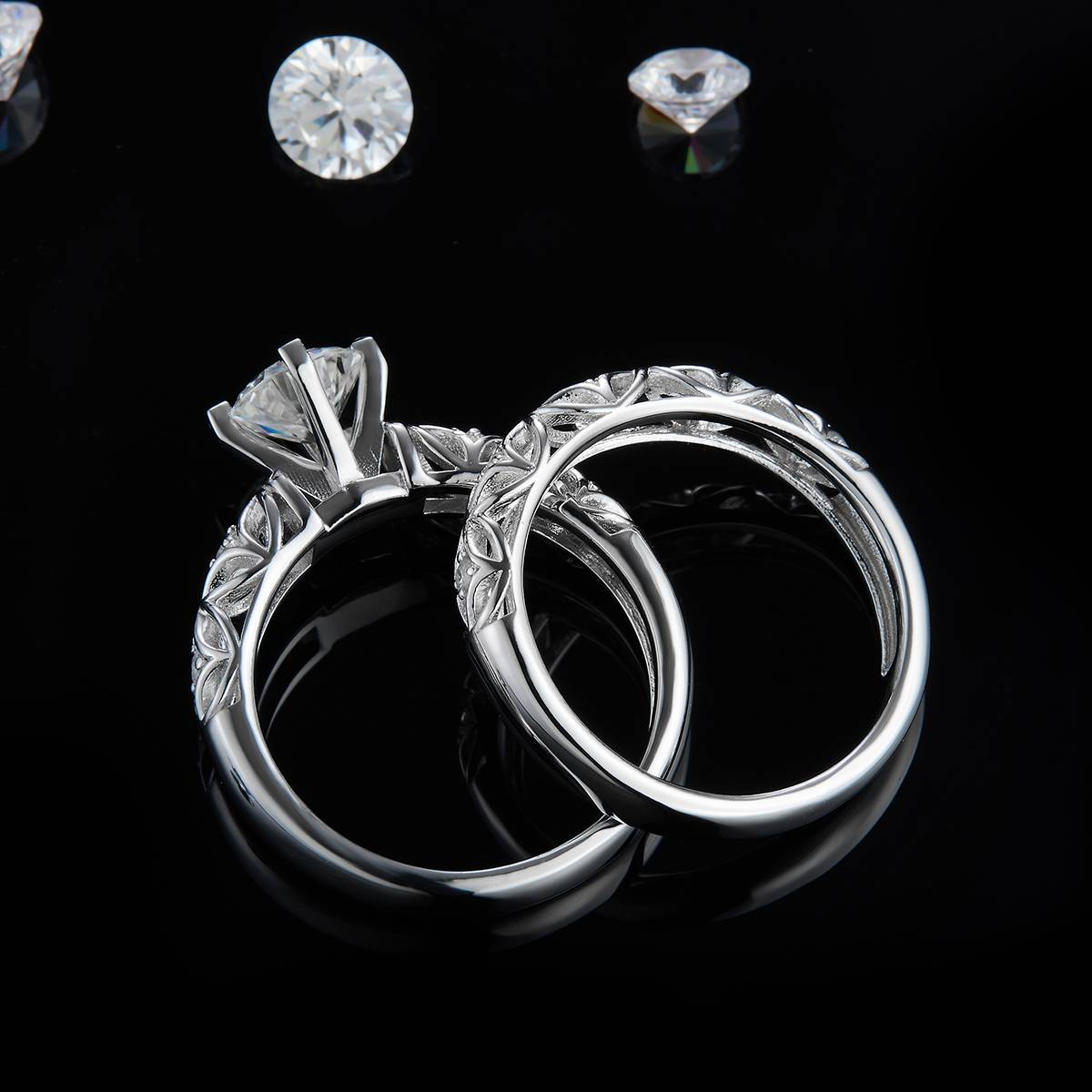 S925银镀白金主副套戒叠戴女戒定制选款主石莫桑钻1.0ct/副石高碳钻
