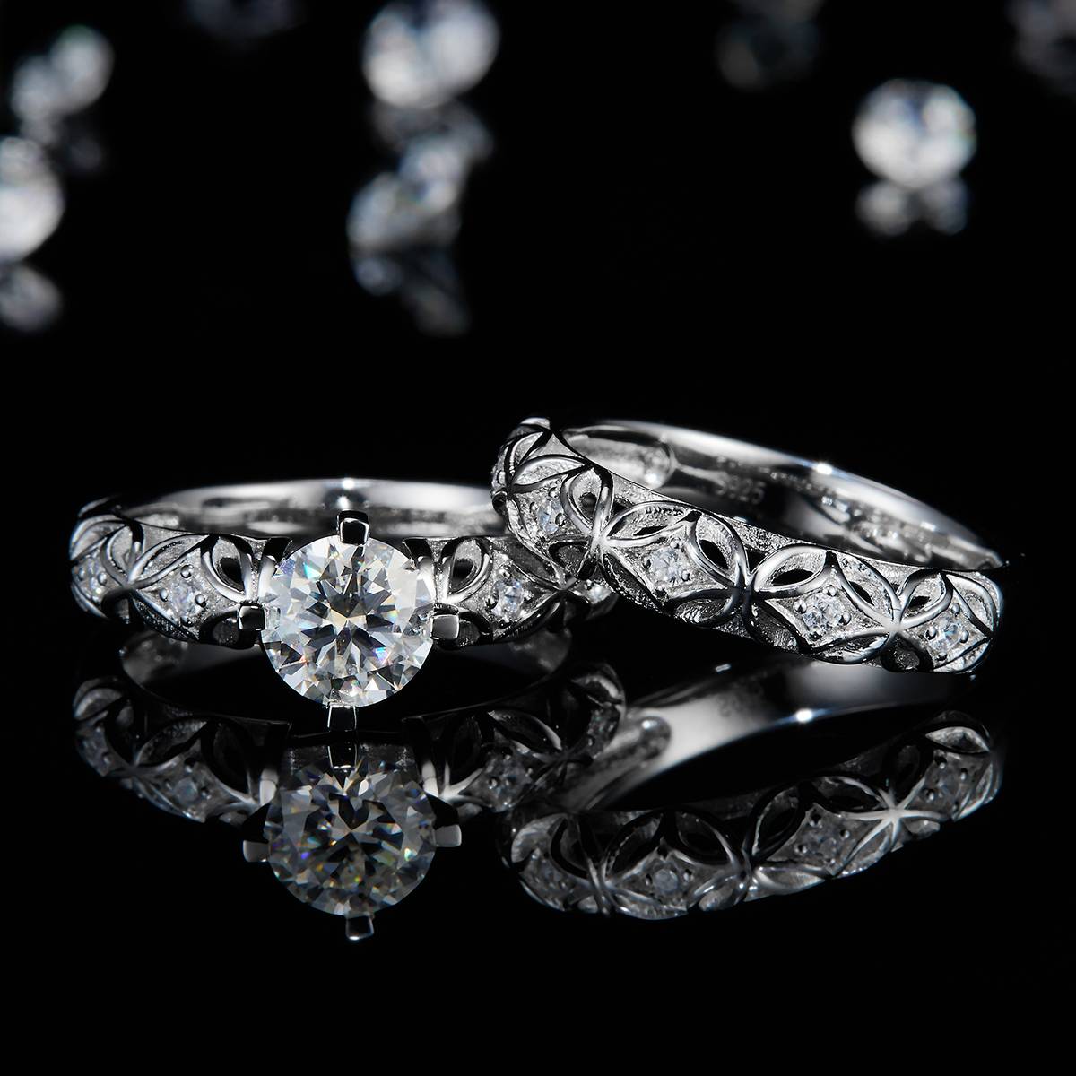 S925银镀白金主副套戒叠戴女戒定制选款主石莫桑钻1.0ct/副石高碳钻