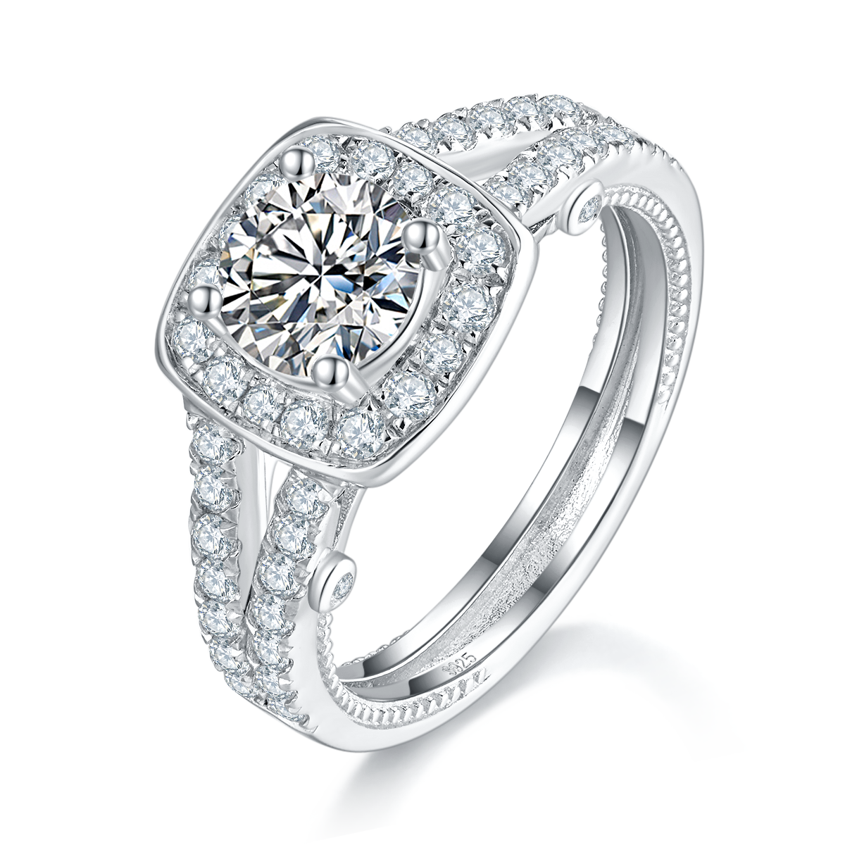 豪华方包圆钻女戒S925银镀白金定制选款主石莫桑钻1.0ct/副石高碳钻