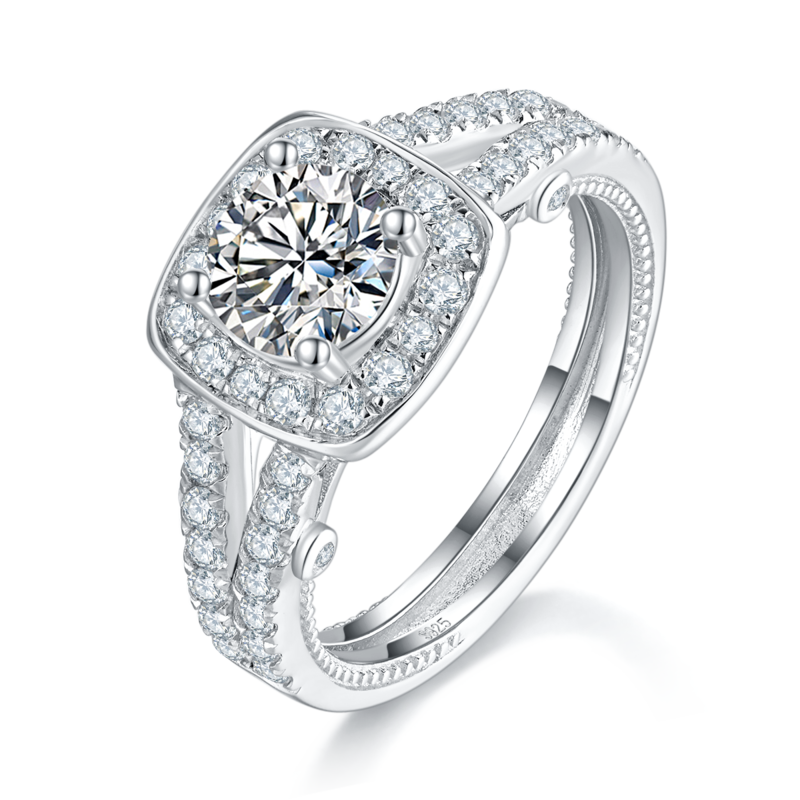 豪华方包圆钻Women's RingS925银镀白金定制选款主石Moissanite1.0ct/副石高碳钻