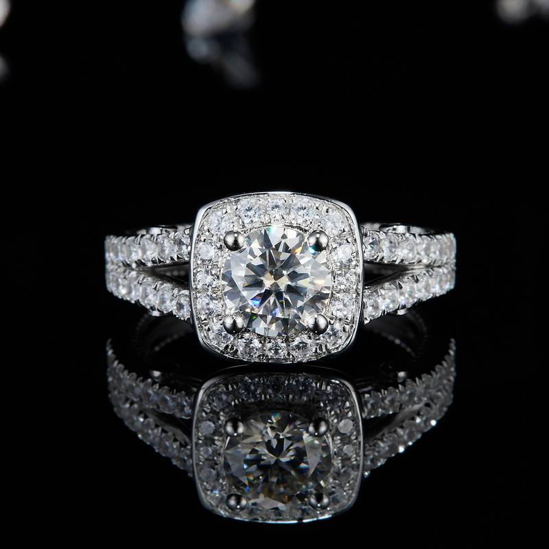豪华方包圆钻Women's RingS925银镀白金定制选款主石Moissanite1.0ct/副石高碳钻