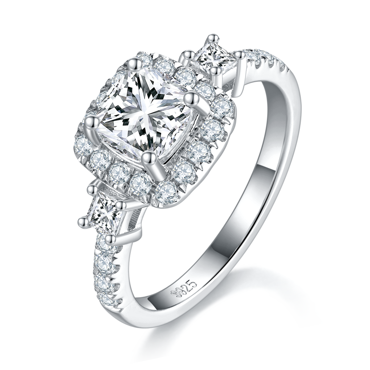 Light Luxury Pillow shaped Women's Ring S925 Silver Plated Platinum Customized Selection Main Stone Moissanite 1.0ct/Sub Stone Cubic Zirconia