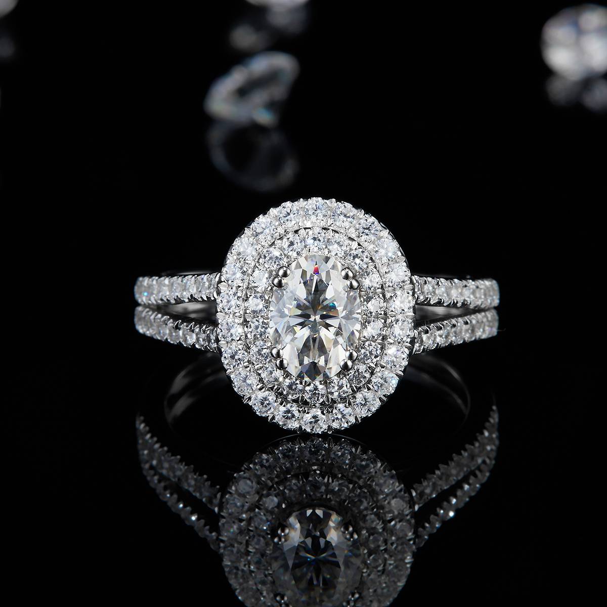 蛋形圆包女戒S925银镀白金定制选款主石莫桑钻1.0ct/副石高碳钻