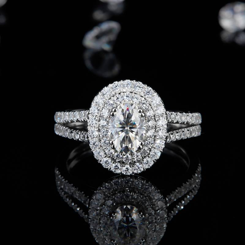 蛋形圆包女戒S925银镀白金定制选款主石莫桑钻1.0ct/副石高碳钻