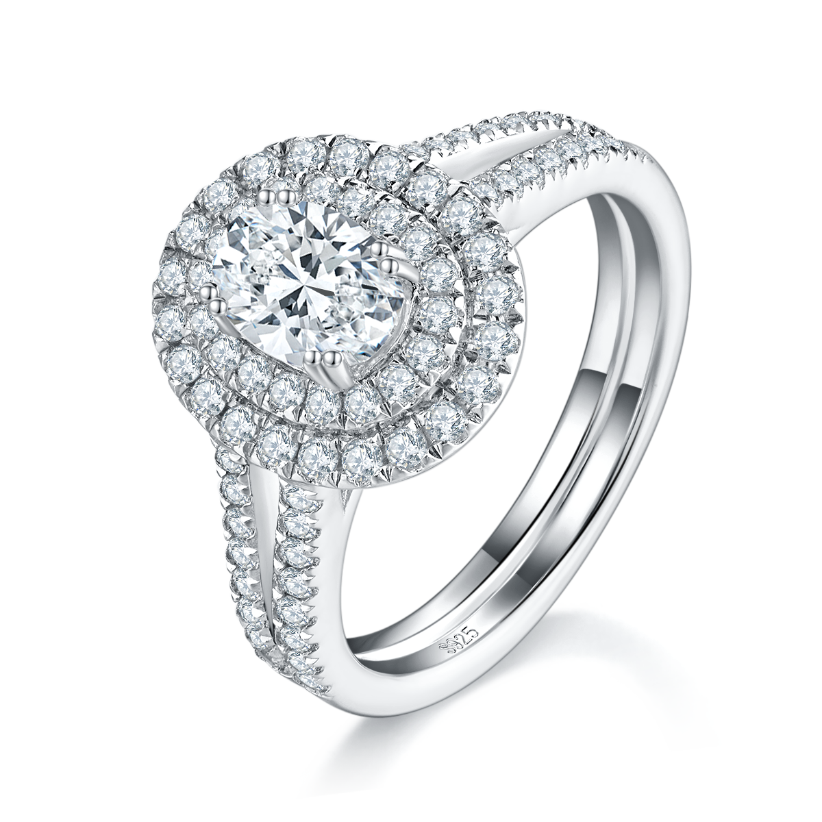 蛋形圆包女戒S925银镀白金定制选款主石莫桑钻1.0ct/副石高碳钻