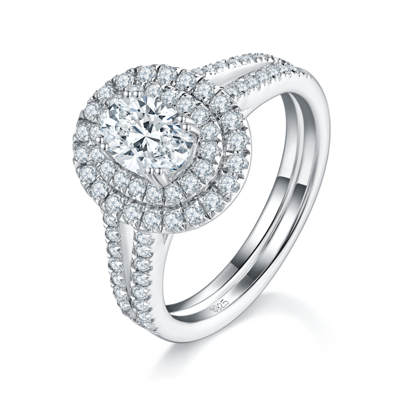 蛋形圆包女戒S925银镀白金定制选款主石莫桑钻1.0ct/副石高碳钻