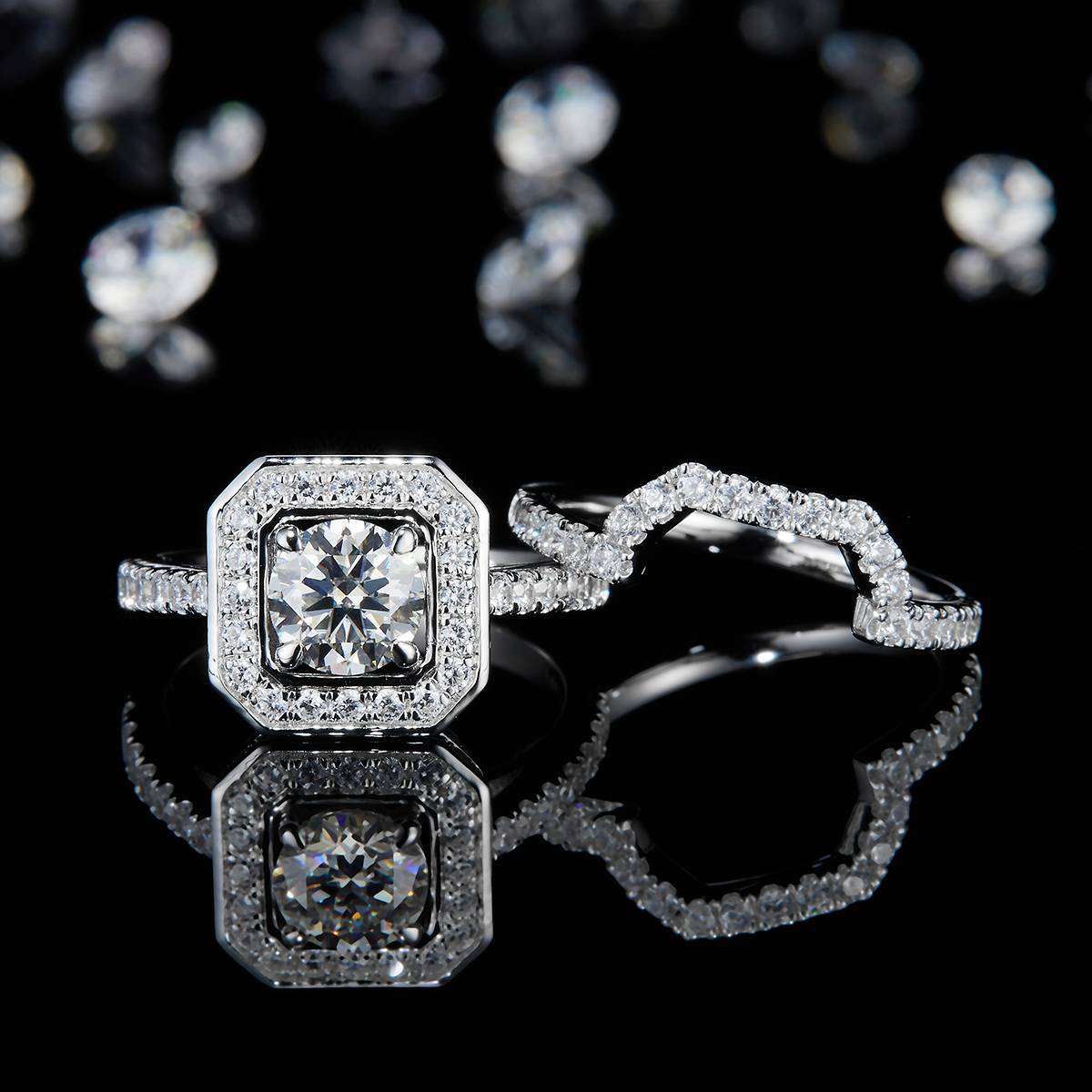 S925 Silver Plated Platinum Primary and Secondary Set Ring Stacked Women's Ring Customized Selection Main Stone Moissanite 1.0ct/Side Stone Cubic Zirconia