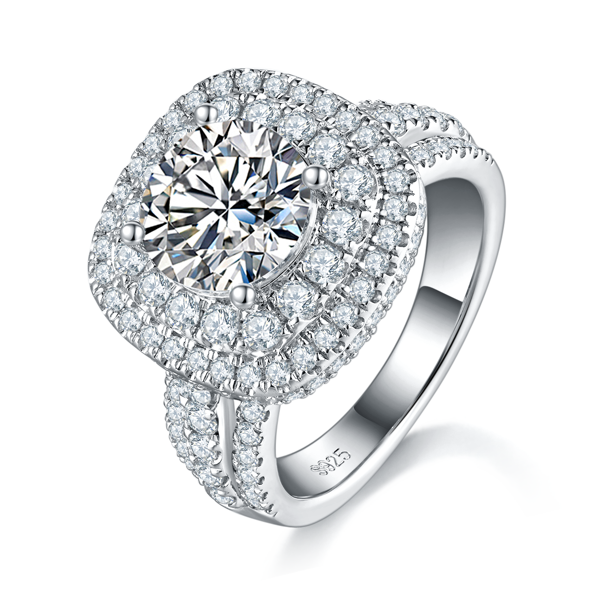 豪华满钻女戒S925银镀白金定制选款主石莫桑钻2.5ct/副石高碳钻