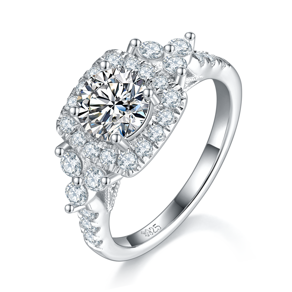 轻奢满钻女戒S925银镀白金定制选款主石莫桑钻1.0ct/副石高碳钻