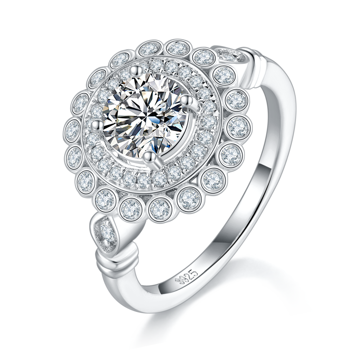 S925银镀白金女戒定制选款主石莫桑钻1.0ct/副石高碳钻