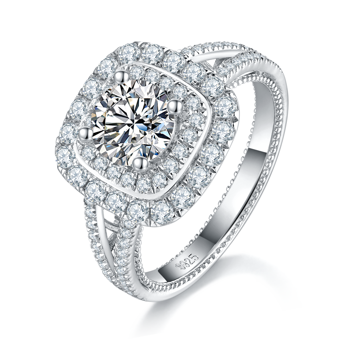 S925银镀白金女戒定制选款主石莫桑钻1.0ct/副石高碳钻