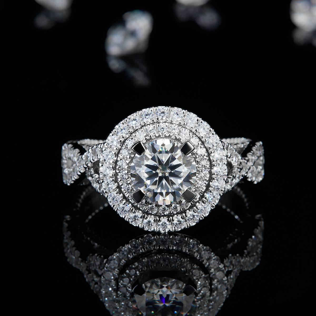 Light Luxury Full Diamond Women's Ring S925 Silver Plated Platinum Customized Selection Main Stone Moissanite 1.0ct/Side Stone Cubic Zirconia