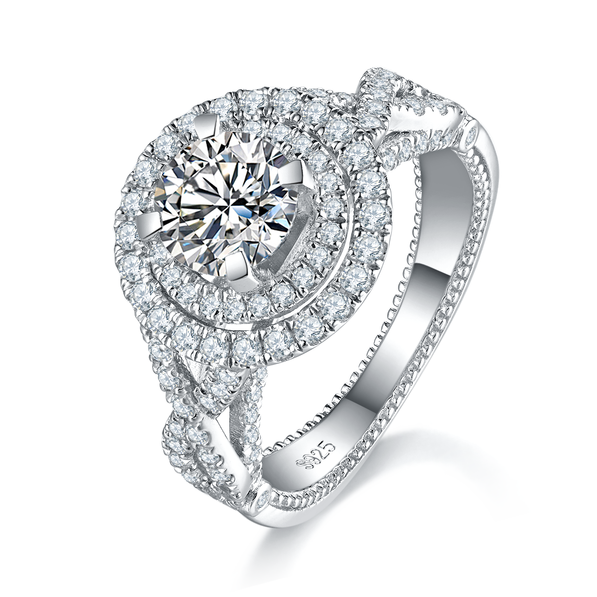 Light Luxury Full Diamond Women's Ring S925 Silver Plated Platinum Customized Selection Main Stone Moissanite 1.0ct/Side Stone Cubic Zirconia