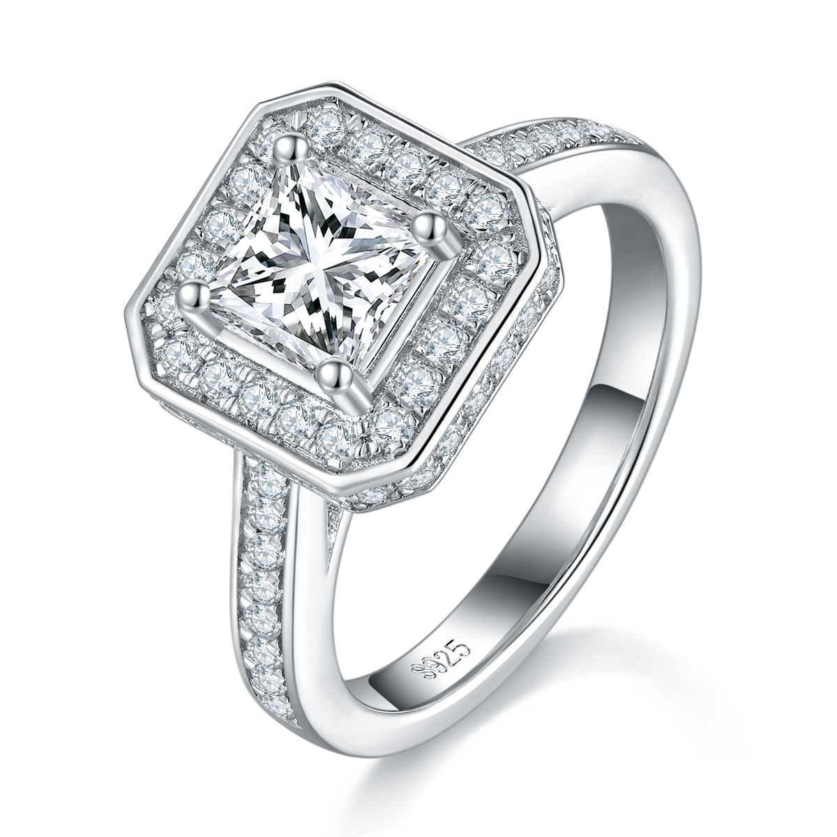 公主方女戒S925银镀白金定制选款主石莫桑钻1.0ct/副石高碳钻