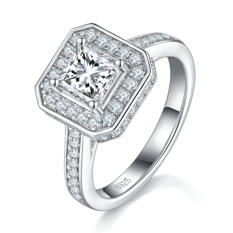 公主方Women's RingS925银镀白金定制选款主石Moissanite1.0ct/副石高碳钻