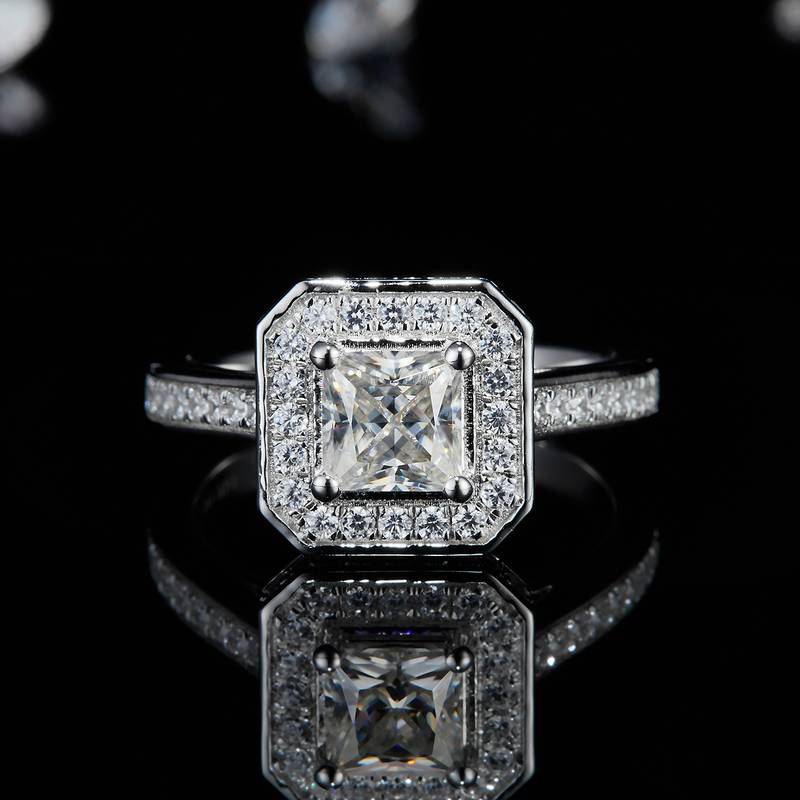 公主方Women's RingS925银镀白金定制选款主石Moissanite1.0ct/副石高碳钻
