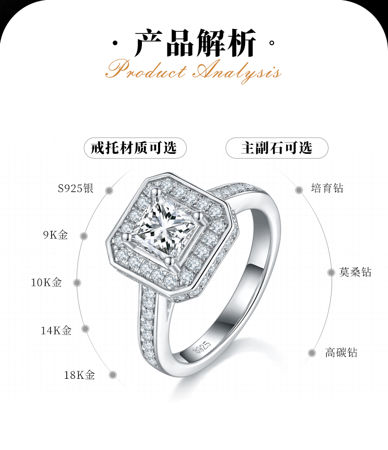 公主方女戒S925银镀白金定制选款主石莫桑钻1.0ct/副石高碳钻 - 2
