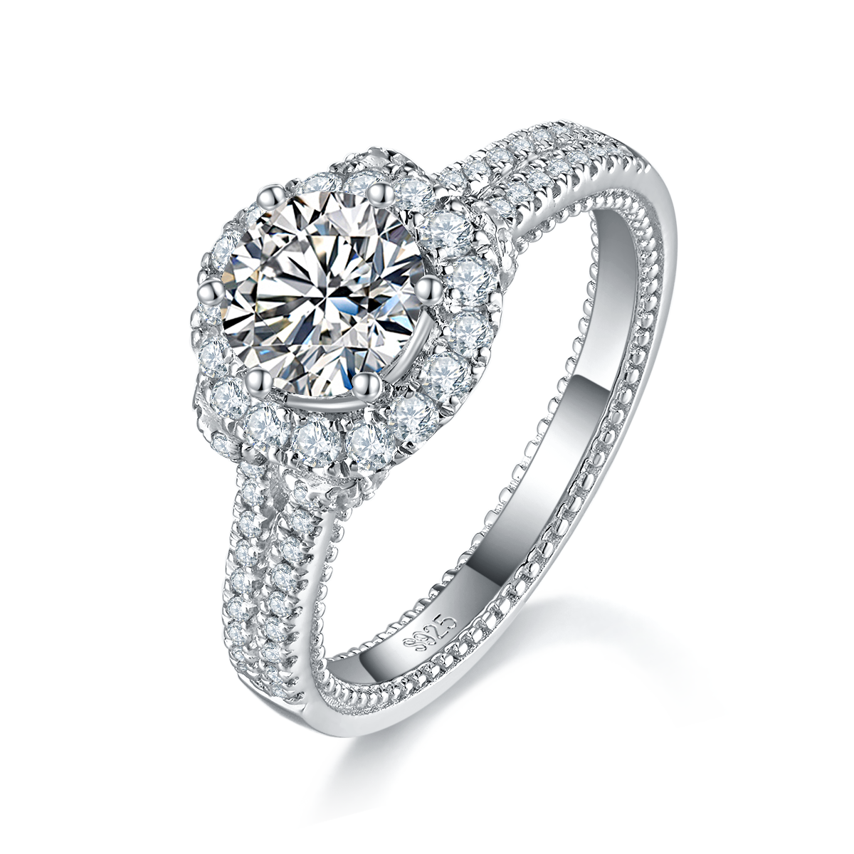 轻奢满钻女戒S925银镀白金定制选款主石莫桑钻1.0ct/副石高碳钻