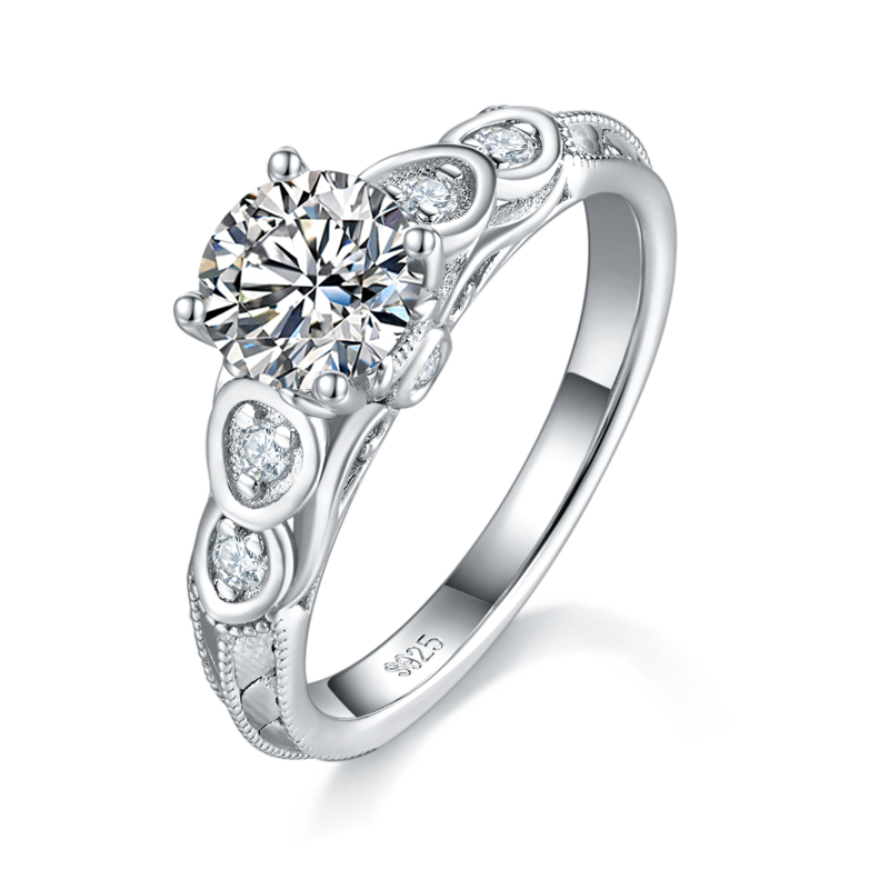 单头Women's RingS925银镀白金定制选款主石Moissanite1.0ct/副石高碳钻