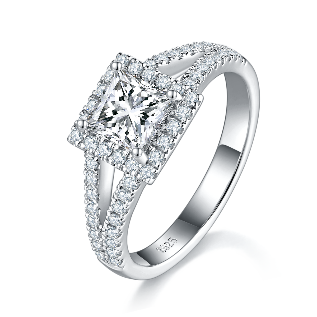 Princess Women's Ring S925 Silver Plated Platinum Customized Selection Main Stone Moissanite 1.0ct/Side Stone Cubic Zirconia