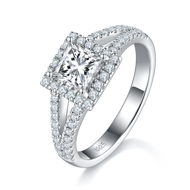 公主方女戒S925银镀白金定制选款主石莫桑钻1.0ct/副石高碳钻