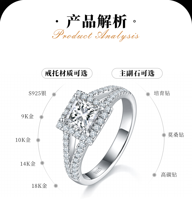 公主方女戒S925银镀白金定制选款主石莫桑钻1.0ct/副石高碳钻 - 2